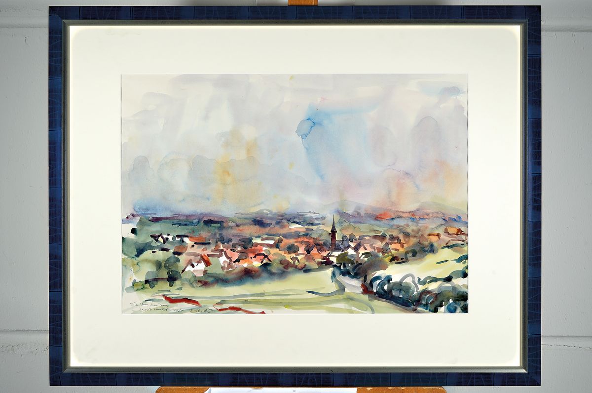 Detail k: Karl Hufnagel, 1906 Harthausen- 1995, Dürkheim, Aquarell, sign., dat. 9.10.85, bezeichnet, ca. 41x58 cm, unter Glas im aufwendigen Galerierahmen, ...