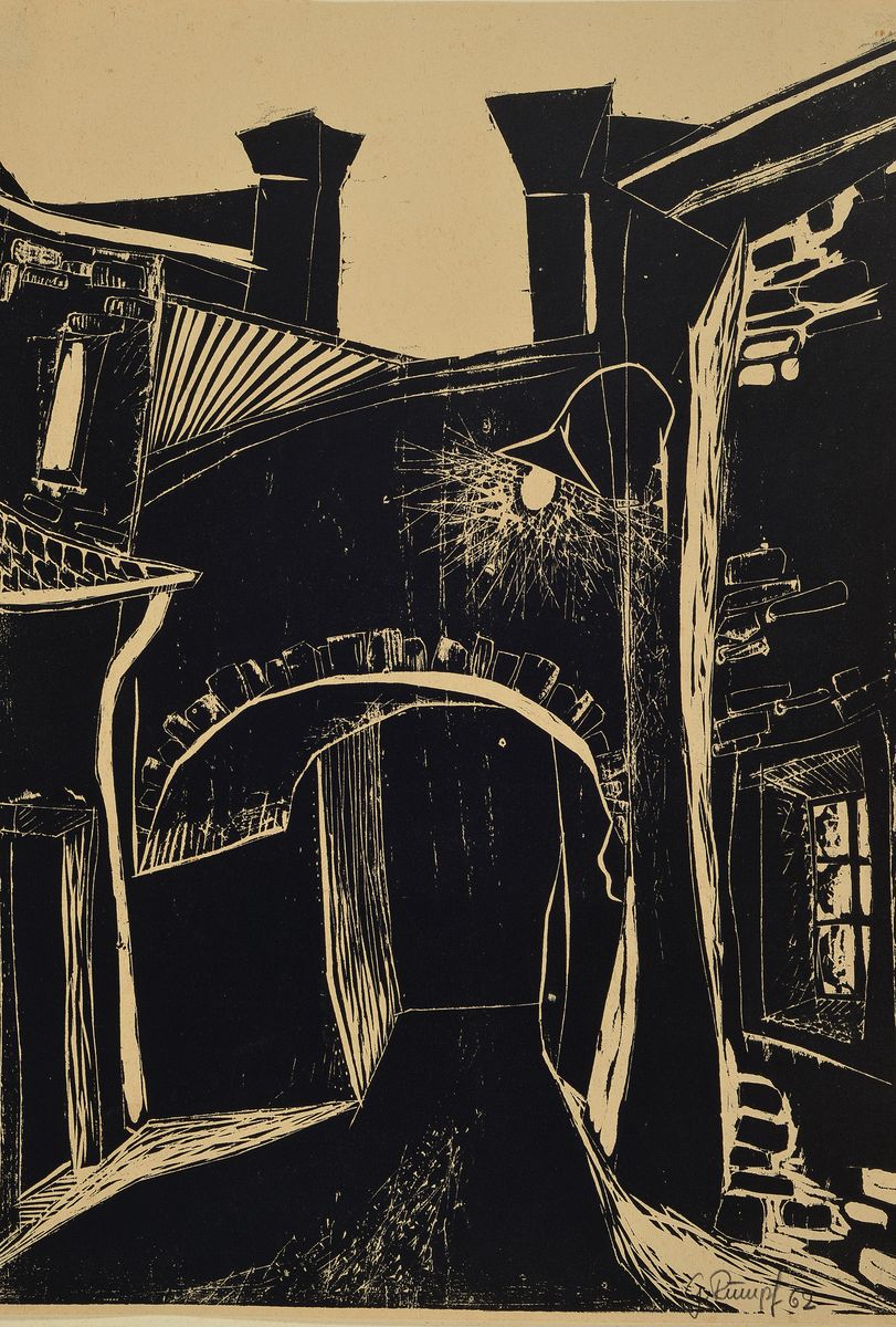 Gernot Rumpf, geb. 1941 in Kaiserslautern, hier eine Zeichnung und ein Holzschnitt, Häuseransicht, auf Zeichenblockpapier, altersbedingt ...
