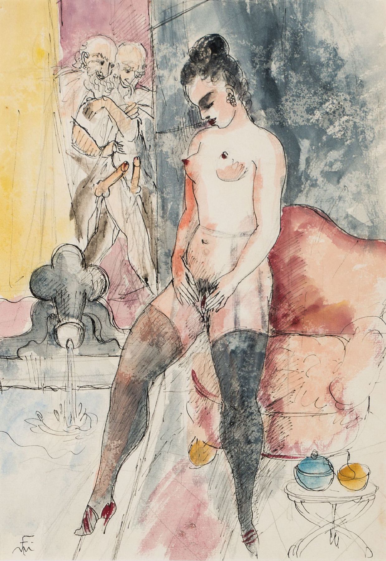 Monogrammist FM, Serie aus 5 aquarellierte Tuschzeichnungen mit stark erotischen Darstellungen, je monogram., datiert (19)89, ca. 24,5x35 cm, je ...