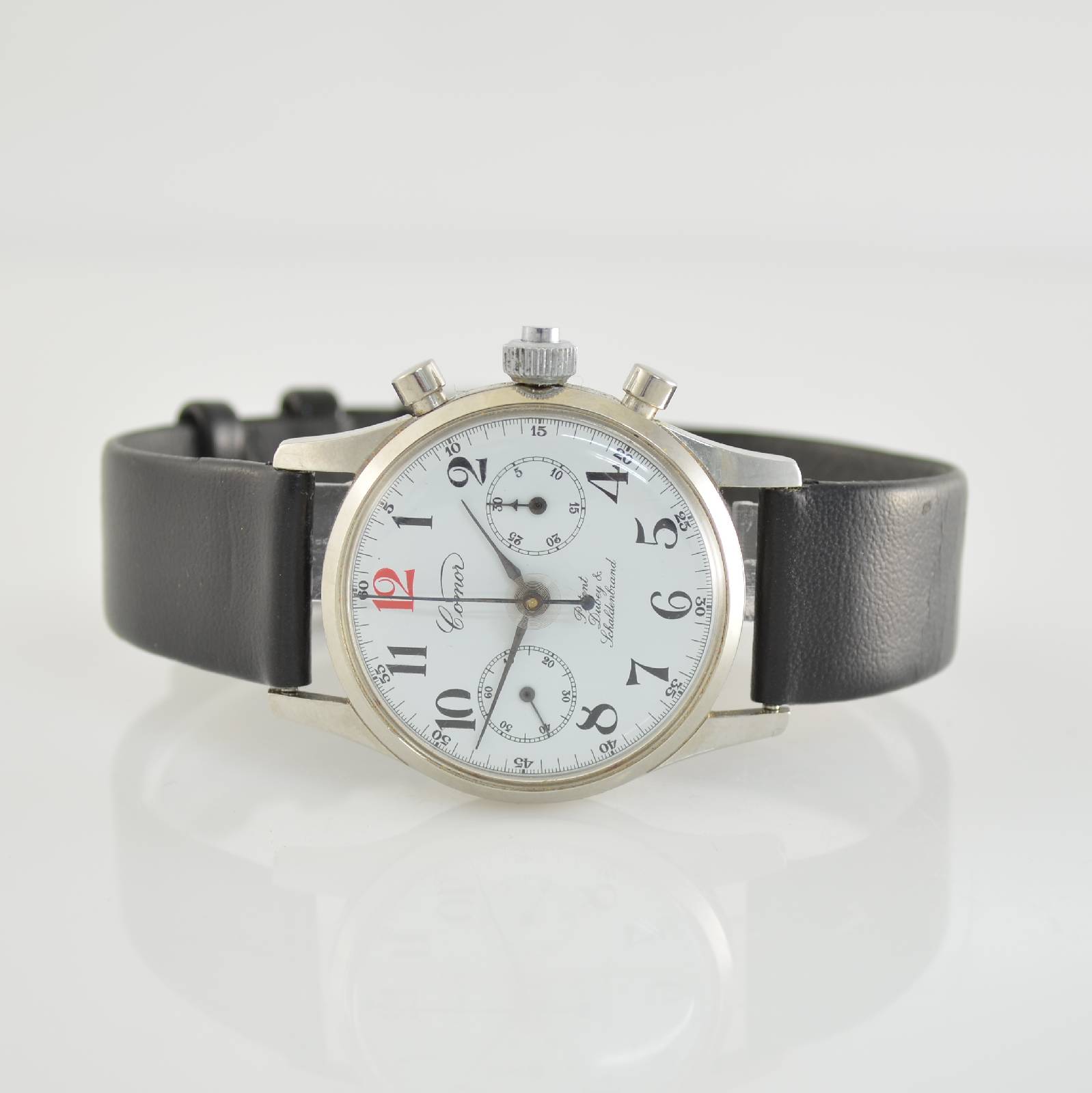 COMOR Armbandchronograph Patent Dubey & Schaldenbrand Semi Rattrapante, Handaufzug, entwickelt Ende 1940er Jahre, hier aus Restbeständen remontiert ...