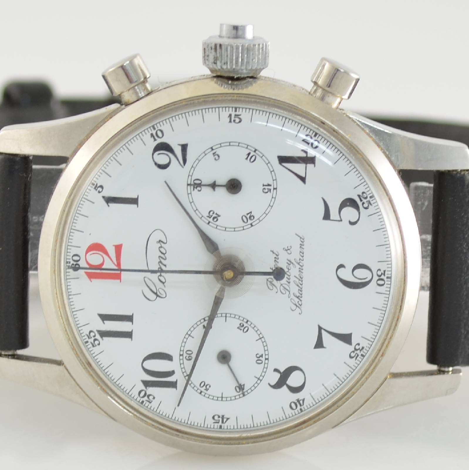 Detail a: COMOR Armbandchronograph Patent Dubey & Schaldenbrand Semi Rattrapante, Handaufzug, entwickelt Ende 1940er Jahre, hier aus Restbeständen remontiert ...