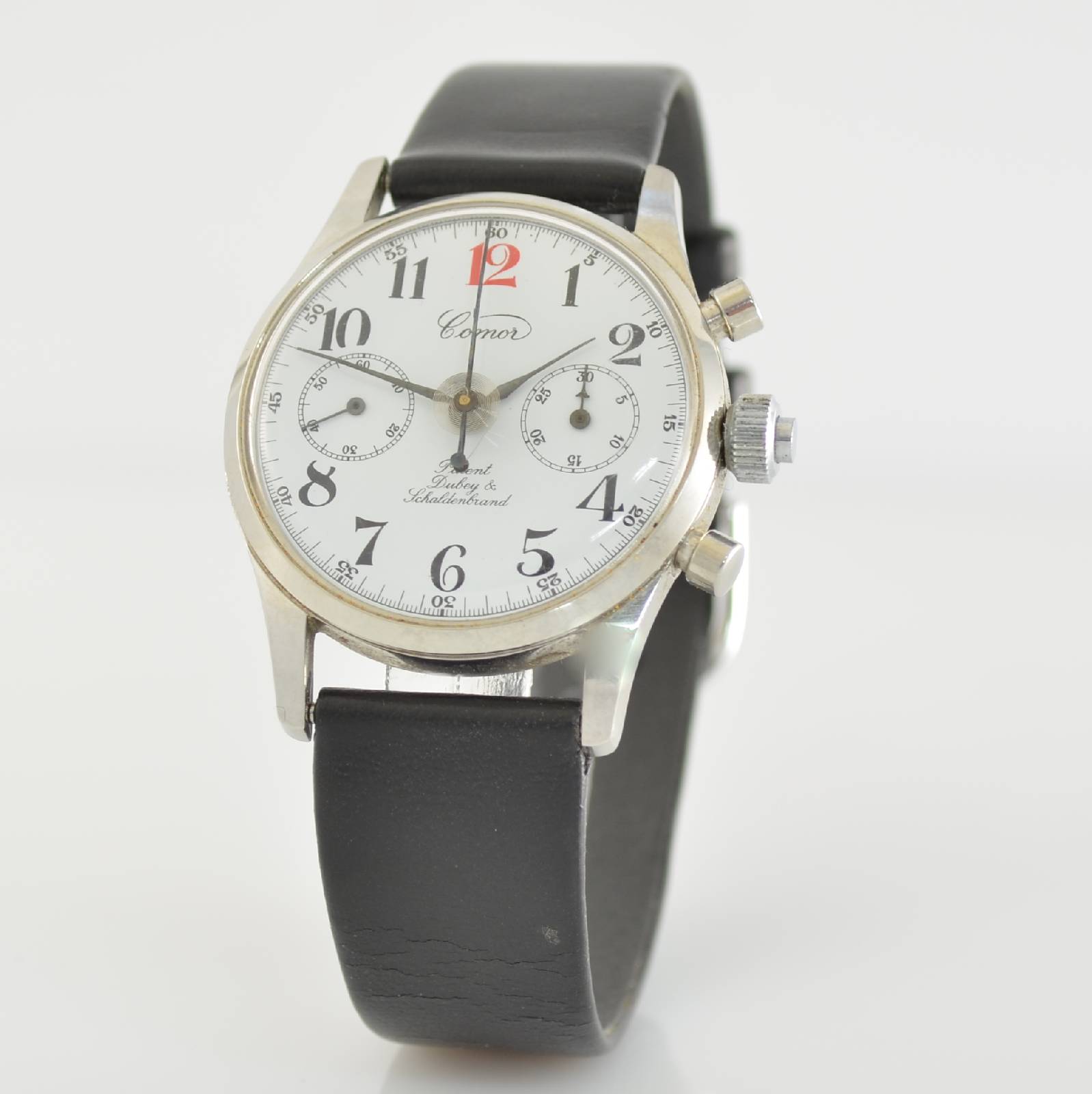 Detail b: COMOR Armbandchronograph Patent Dubey & Schaldenbrand Semi Rattrapante, Handaufzug, entwickelt Ende 1940er Jahre, hier aus Restbeständen remontiert ...