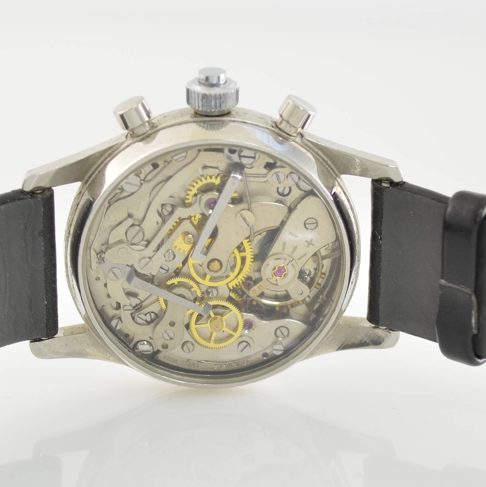 Detail d: COMOR Armbandchronograph Patent Dubey & Schaldenbrand Semi Rattrapante, Handaufzug, entwickelt Ende 1940er Jahre, hier aus Restbeständen remontiert ...