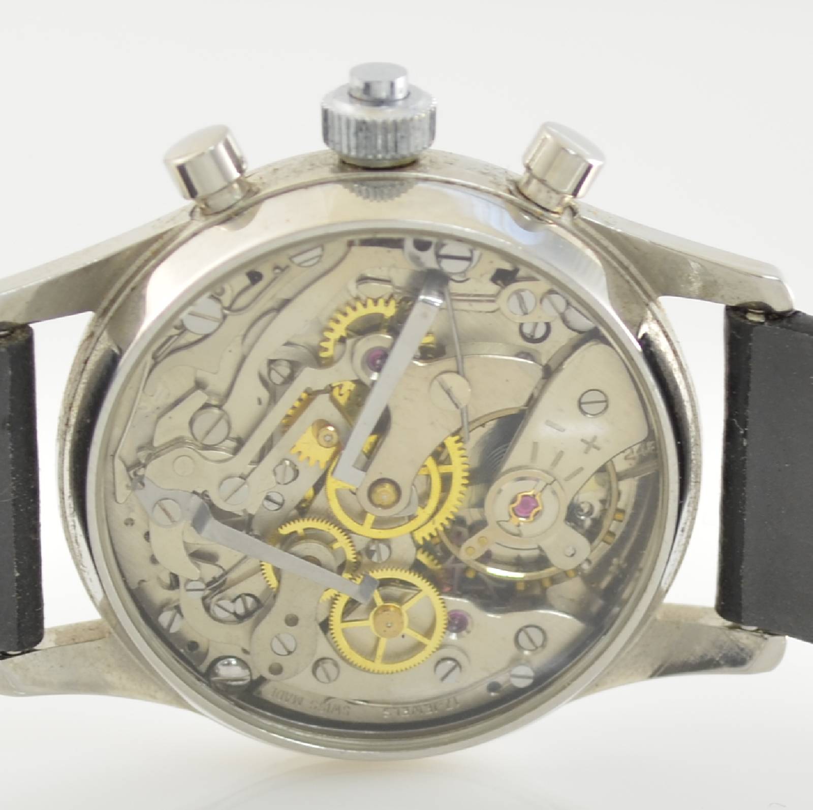 Detail e: COMOR Armbandchronograph Patent Dubey & Schaldenbrand Semi Rattrapante, Handaufzug, entwickelt Ende 1940er Jahre, hier aus Restbeständen remontiert ...