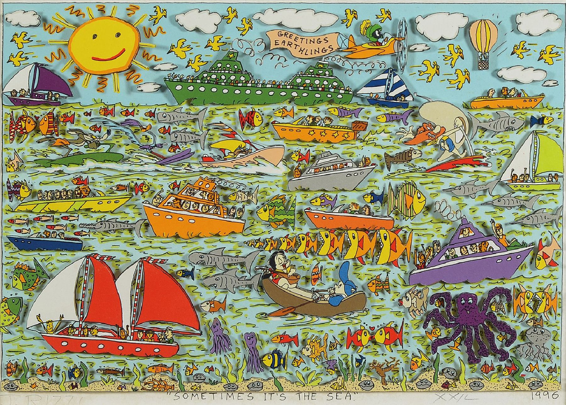 James Rizzi, 1950-2011, Sometimes it`s the sea, 3D-Lithografie, handsign., num. XX/L, dat. 1996, ca. 21x30 cm, unter Glas gerahmt, gesamt 37x46 cm