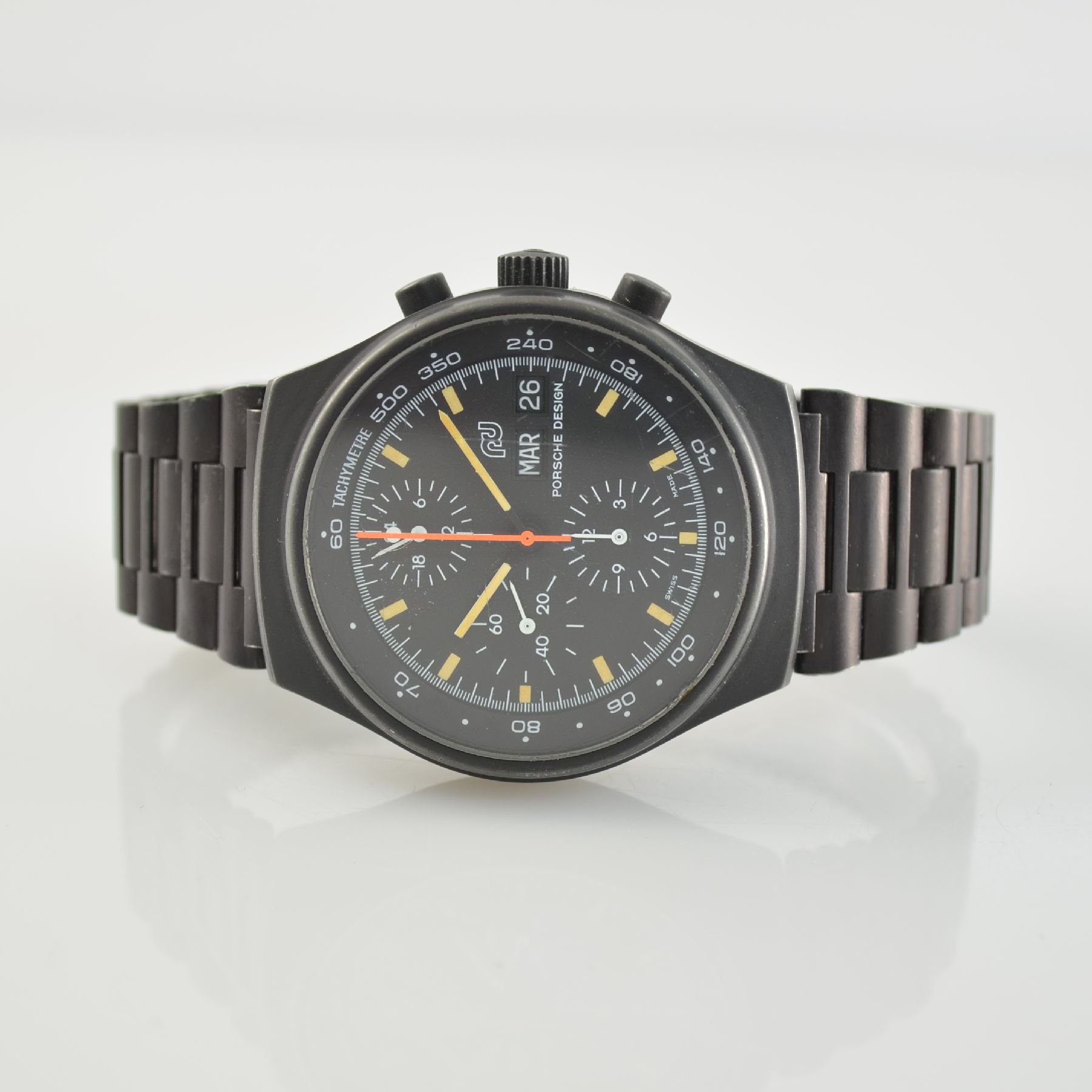 PORSCHE DESIGN/ORFINA Herrenarmbanduhr mit Chronograph Ref. 7176S, Schweiz 1970er Jahre, Automatik, schwarz matt. Edelstahlgeh. inkl. Gliederband mit ...