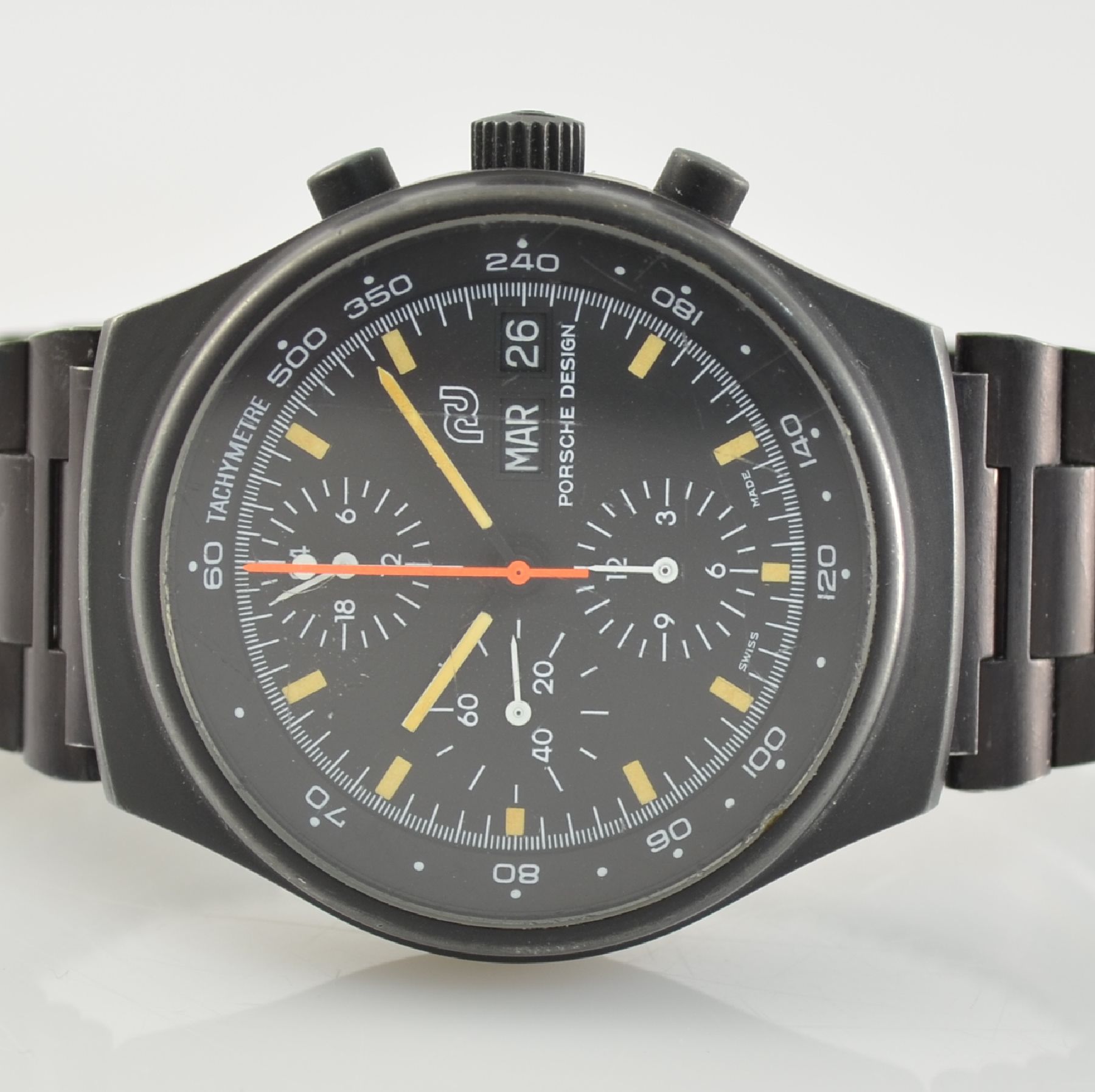 Detail a: PORSCHE DESIGN/ORFINA Herrenarmbanduhr mit Chronograph Ref. 7176S, Schweiz 1970er Jahre, Automatik, schwarz matt. Edelstahlgeh. inkl. Gliederband mit ...
