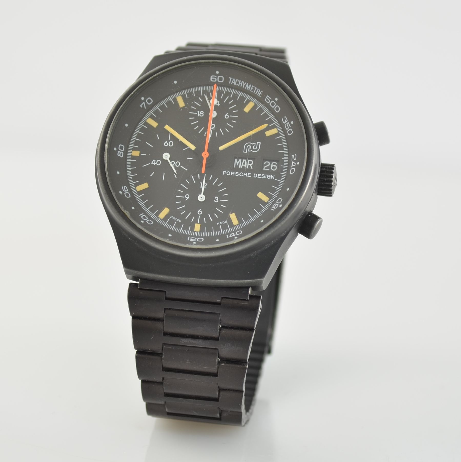 Detail b: PORSCHE DESIGN/ORFINA Herrenarmbanduhr mit Chronograph Ref. 7176S, Schweiz 1970er Jahre, Automatik, schwarz matt. Edelstahlgeh. inkl. Gliederband mit ...