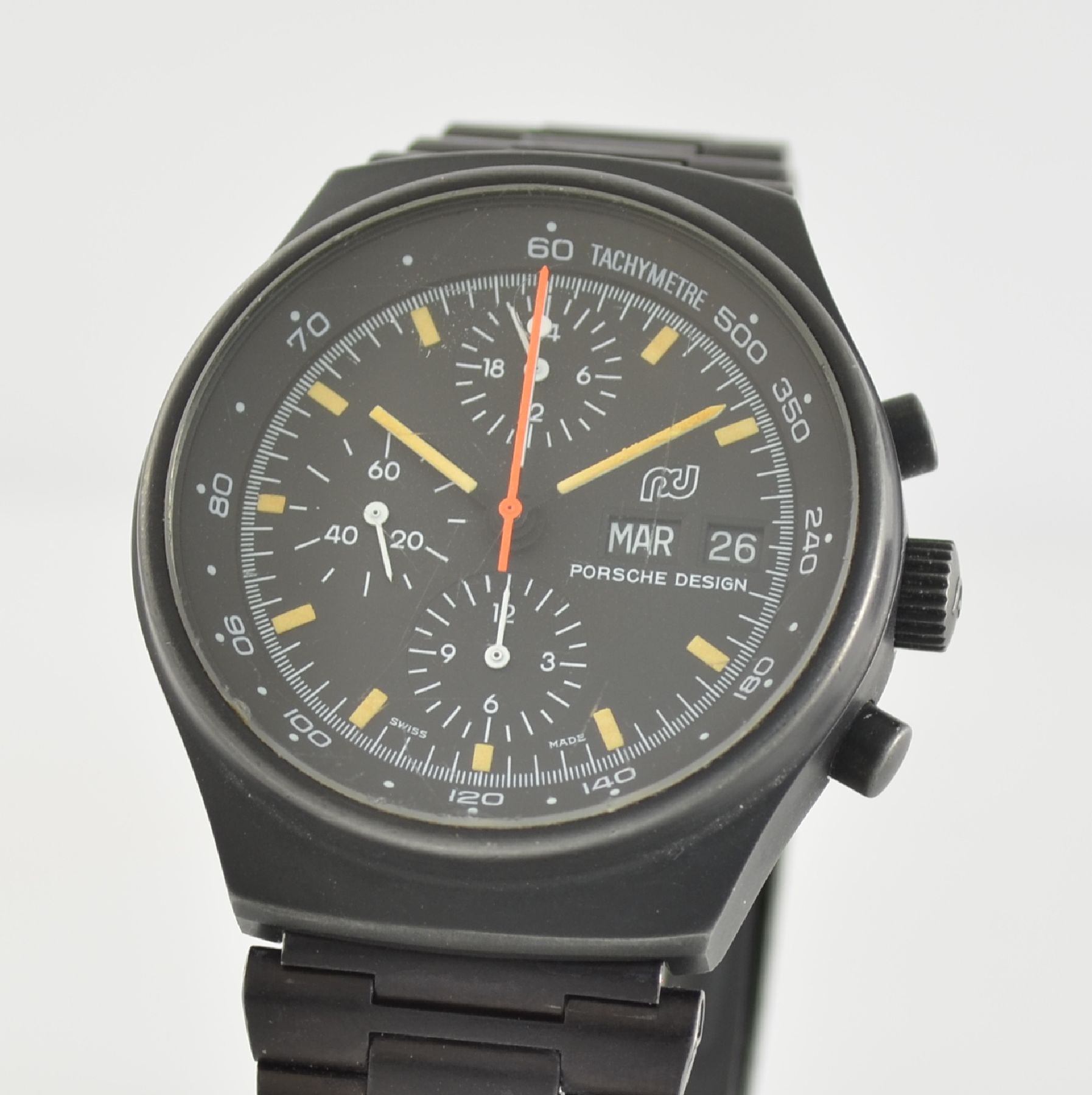 Detail c: PORSCHE DESIGN/ORFINA Herrenarmbanduhr mit Chronograph Ref. 7176S, Schweiz 1970er Jahre, Automatik, schwarz matt. Edelstahlgeh. inkl. Gliederband mit ...