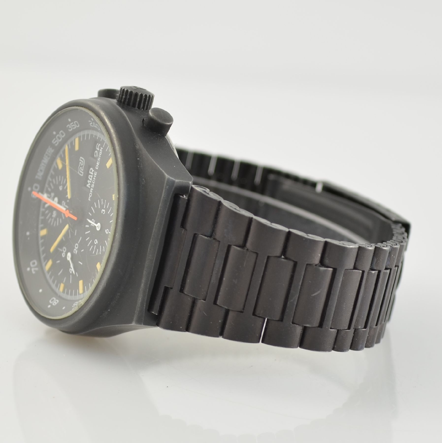 Detail d: PORSCHE DESIGN/ORFINA Herrenarmbanduhr mit Chronograph Ref. 7176S, Schweiz 1970er Jahre, Automatik, schwarz matt. Edelstahlgeh. inkl. Gliederband mit ...