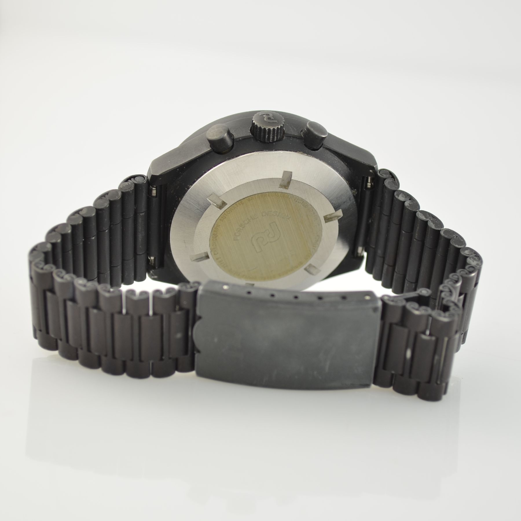 Detail e: PORSCHE DESIGN/ORFINA Herrenarmbanduhr mit Chronograph Ref. 7176S, Schweiz 1970er Jahre, Automatik, schwarz matt. Edelstahlgeh. inkl. Gliederband mit ...