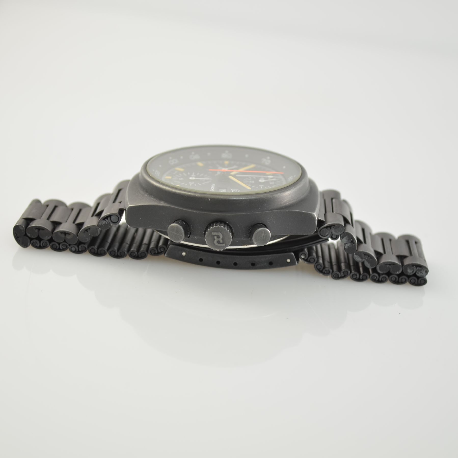 Detail f: PORSCHE DESIGN/ORFINA Herrenarmbanduhr mit Chronograph Ref. 7176S, Schweiz 1970er Jahre, Automatik, schwarz matt. Edelstahlgeh. inkl. Gliederband mit ...