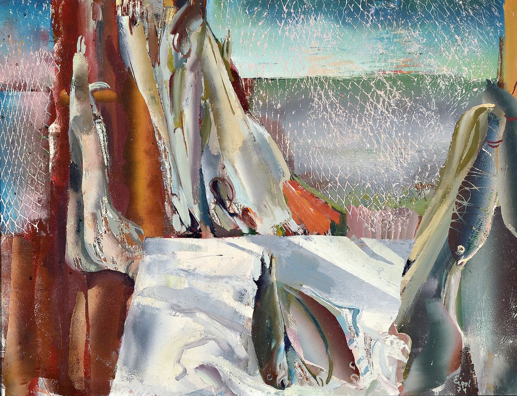 Istvan Eigel, 1922-2000, Halak es koponyak, Öl/Hartfaser, rechts unten signiert und dat. 79, rückseitig betitelt, ca. 60x79cm, R.
