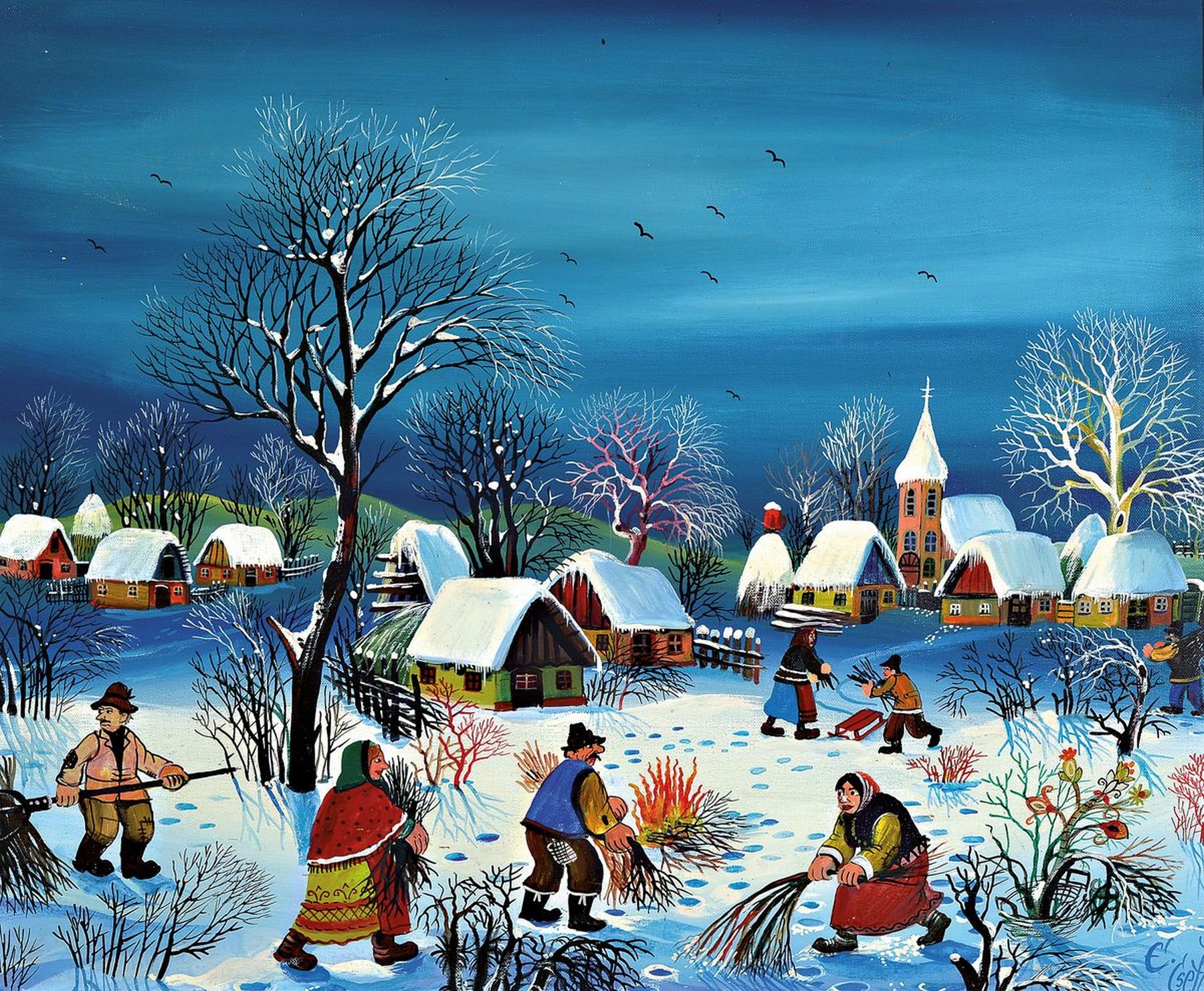 E. Cteti, Öl/Lwd im Stil der naiven Malerei, sign., kleine Farbabblätterung, ca. 50x60 cm, Rahmen, leichte Delle am Bild zusehen, gebrsp.