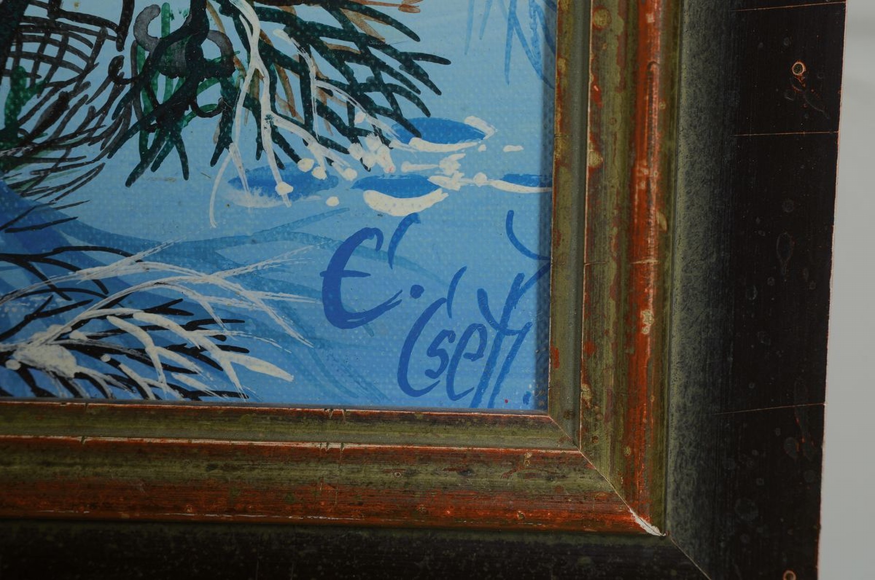 Detail c: E. Cteti, Öl/Lwd im Stil der naiven Malerei, sign., kleine Farbabblätterung, ca. 50x60 cm, Rahmen, leichte Delle am Bild zusehen, gebrsp.