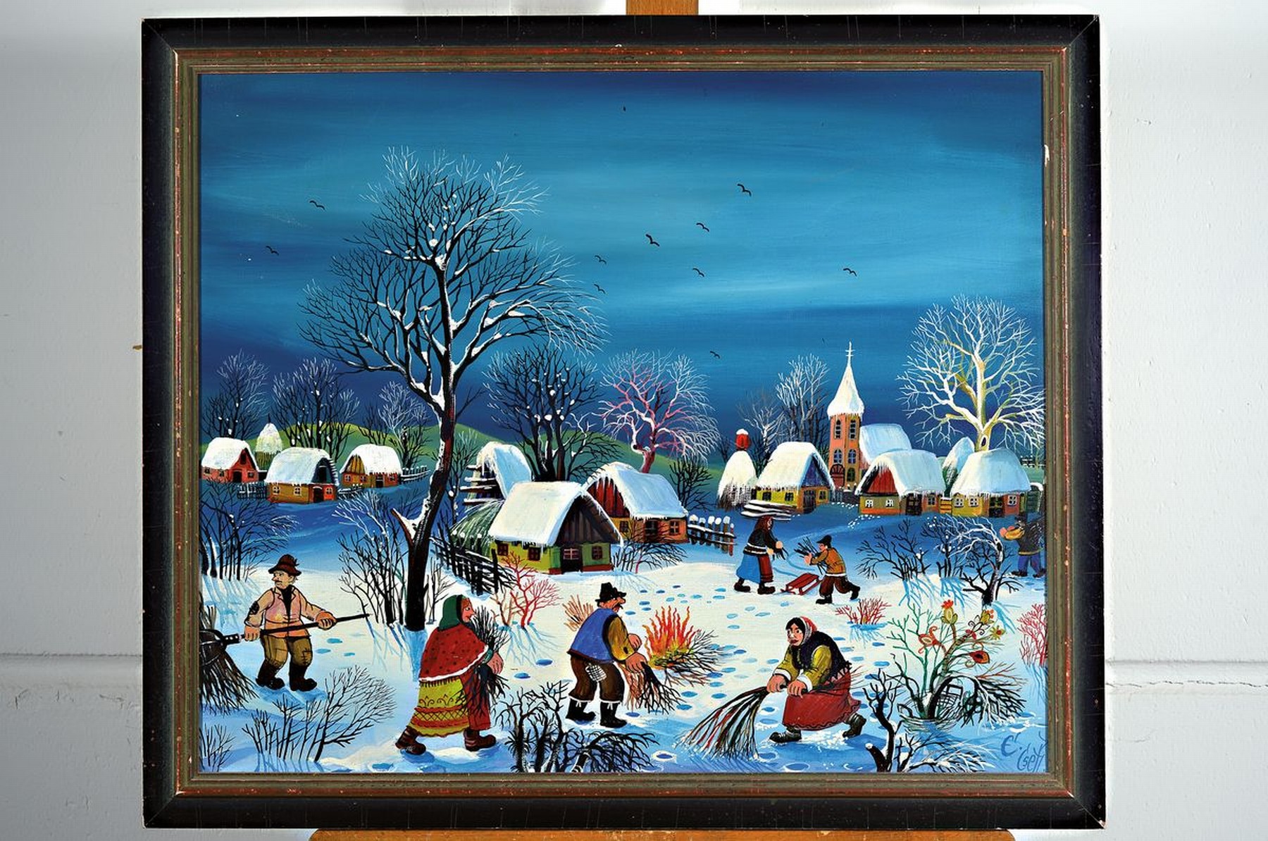 Detail k: E. Cteti, Öl/Lwd im Stil der naiven Malerei, sign., kleine Farbabblätterung, ca. 50x60 cm, Rahmen, leichte Delle am Bild zusehen, gebrsp.