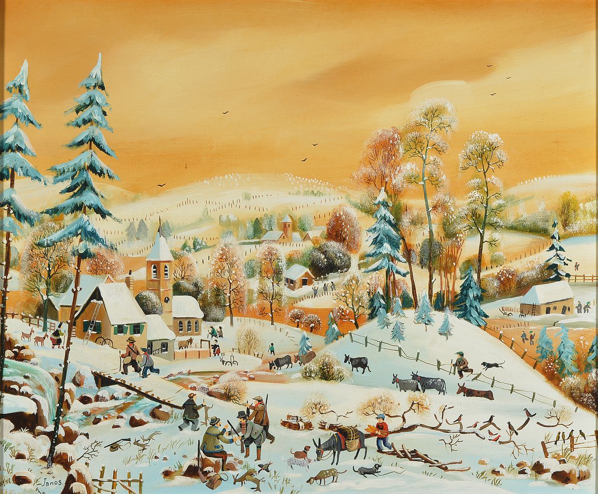 Janos, Winter, im Stile der naive Malerei, Öl/Lwd, sign., ca. 46x55 cm, Rahmen