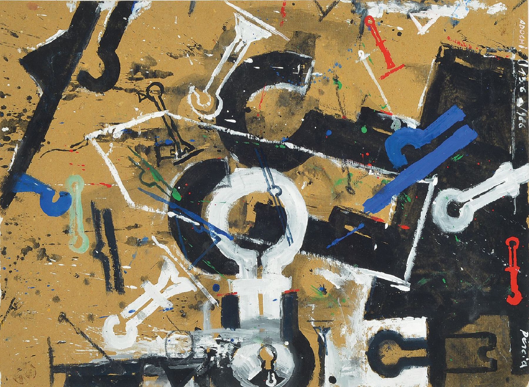 Detail c: Heinz Adochi, geb. 1954, zwei Werke: Mischtechnik auf Papier, abstr. Komposition, bez. Perzia ?, P18, signiert und dat. 1986, 60 x 44.5cm/83 x 63 cm, ...