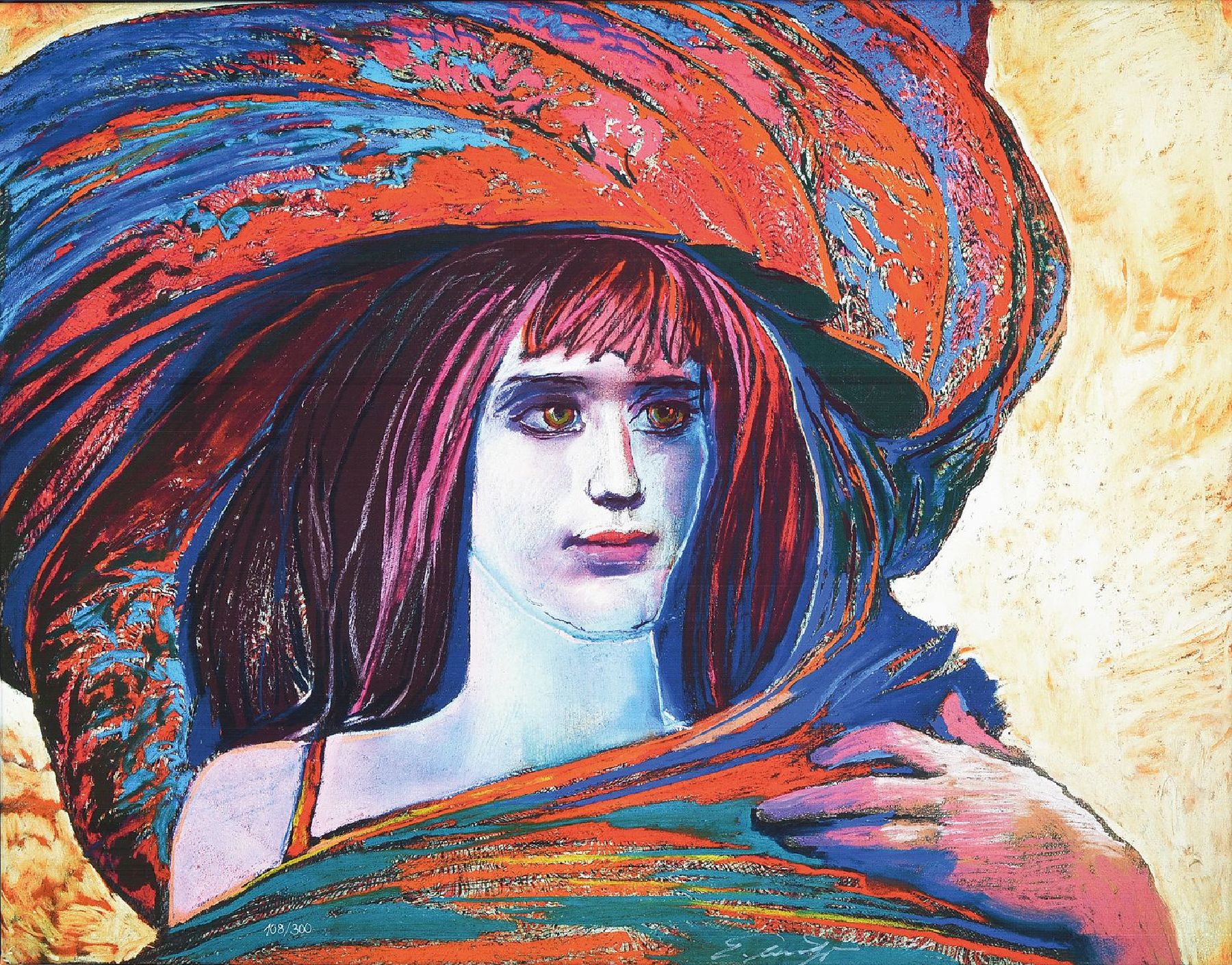 Ernst Fuchs, 1930-2015, Mädchen mit großem Hut, Glicee/Lwd, signiert 108/300, handsigniert, ca. 52x67cm / 64 x 79 cm, Galerierahmung