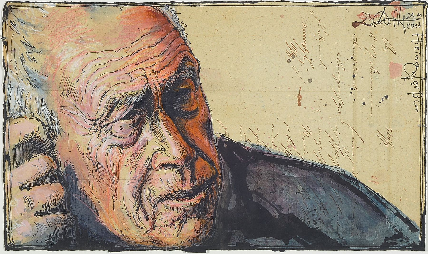 Andreas Noßmann, geb. 1962, Heiner Geißler, Mischtechnik aus Feder, Aquarell und Farbstift auf Papier, handsign., dat. 21.11.2017, WVZ: DVZ 779, ...