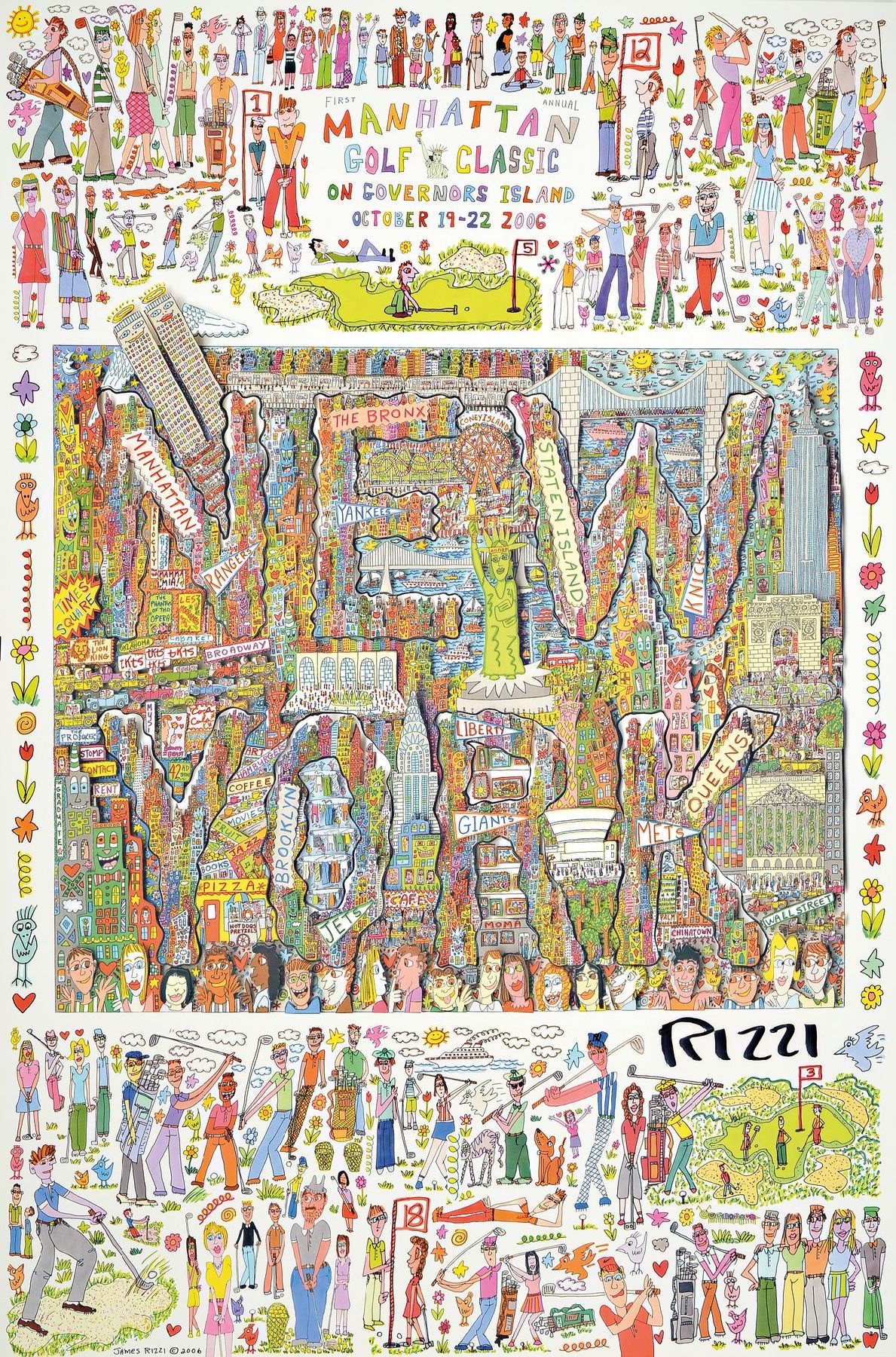 James Rizzi, 1950-2011, Plakat zu einem Golfturnier, Manhatten, Golf Classic on Governors Island, October 19-22 2006, handsigniert und drucksigniert, ...