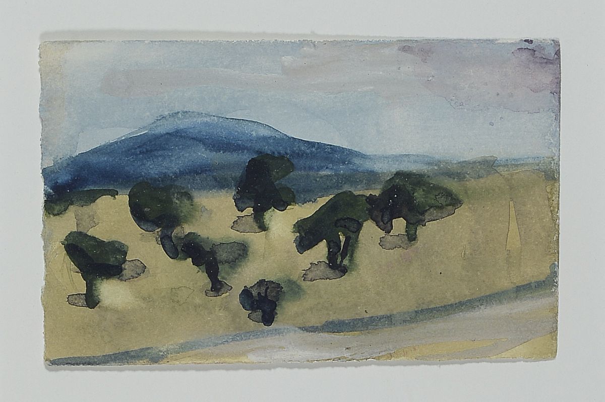Klaus Fussmann, geb. 1938 Velbert, Aquarell, Hügellandschaft mit Bäumen, unsigniert, ca. 9 x 14 cm/ 42/32.5 cm, unter Glas, Rahmen, PP.