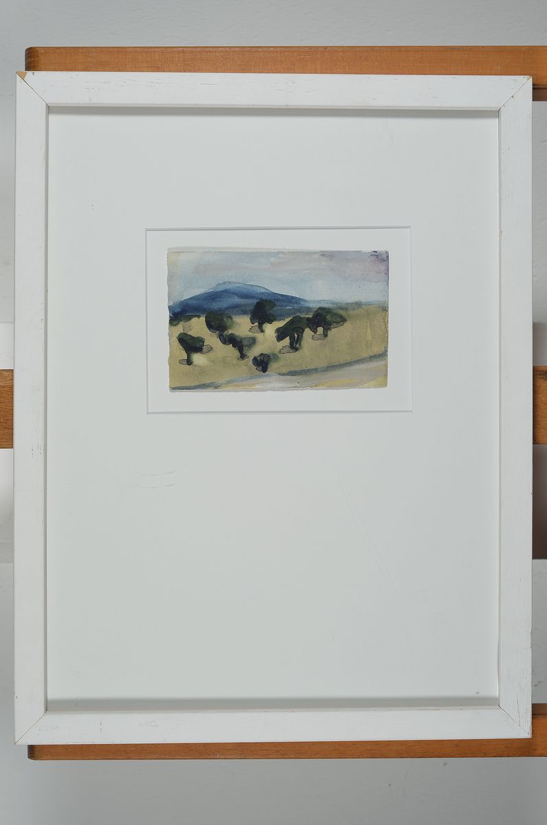Detail k: Klaus Fussmann, geb. 1938 Velbert, Aquarell, Hügellandschaft mit Bäumen, unsigniert, ca. 9 x 14 cm/ 42/32.5 cm, unter Glas, Rahmen, PP.