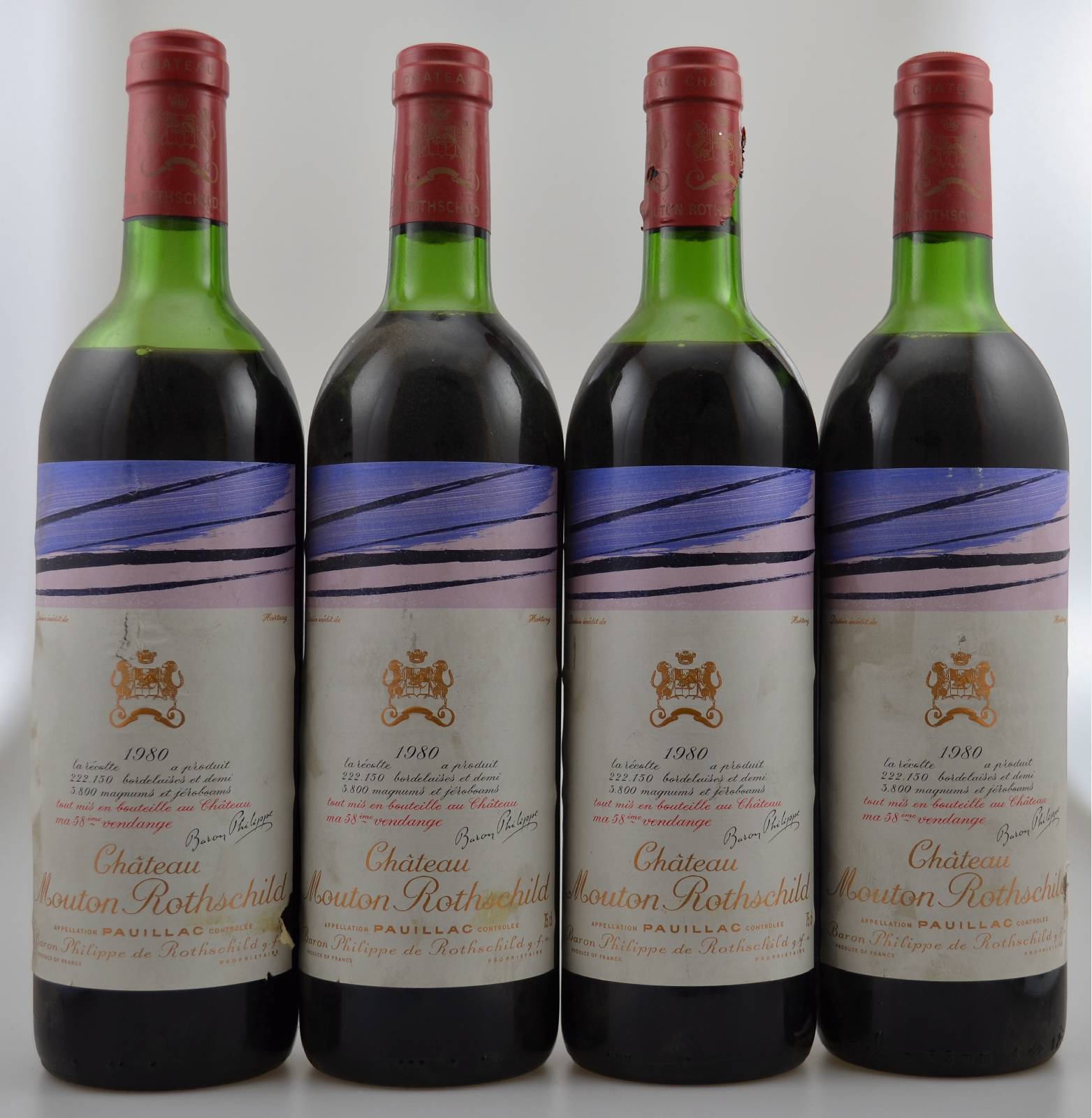 4 Flaschen 1980 Chateau Mouton Rothschild, Pauillac, Premier Grand Cru Classe, je ca. 75 cl., Füllstände: mid shoulder bis top shoulder, Etiketten ...
