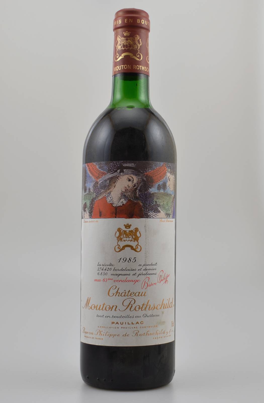 1 Flasche 1985 Chateau Mouton Rothschild, Pauillac, Premier Grand Cru Classe, Füllstand: ca. top shoulder, unverkostet, Künstleretikett von Paul ...