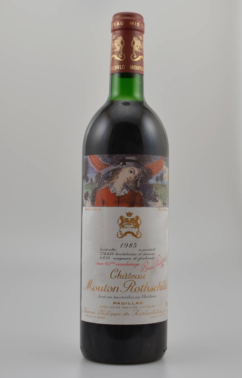 1 Flasche 1985 Chateau Mouton Rothschild, Pauillac, Premier Grand Cru Classe, Füllstand: ca. top shoulder, unverkostet, Künstleretikett von Paul ...