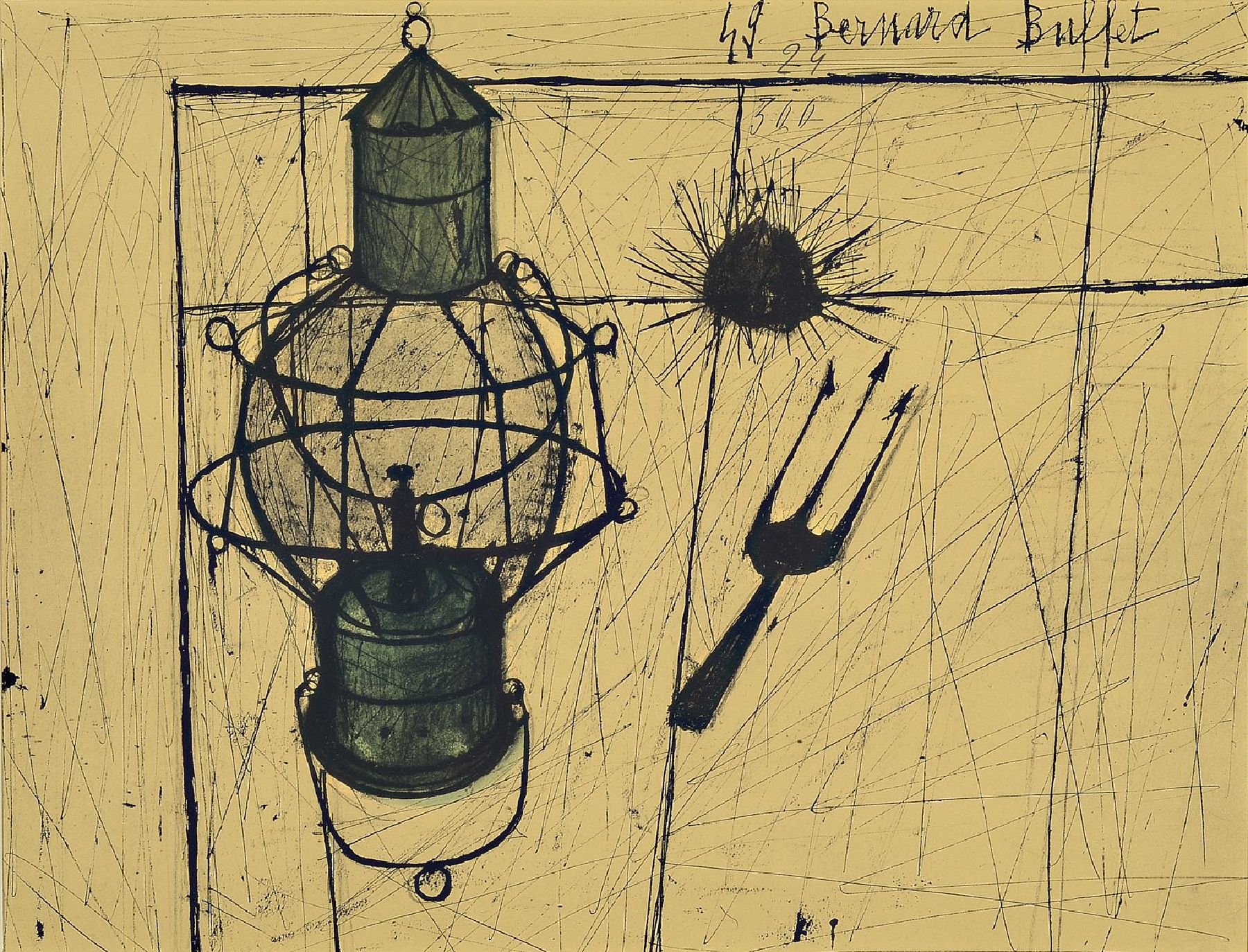 Bernard Buffet, 1928 - 1999, "La Lampe tempete", Lithographie, im Stein signiert und dat. (19)49, ca. 43 x 56 PP, unter Glas, Rahmen 65 x ...