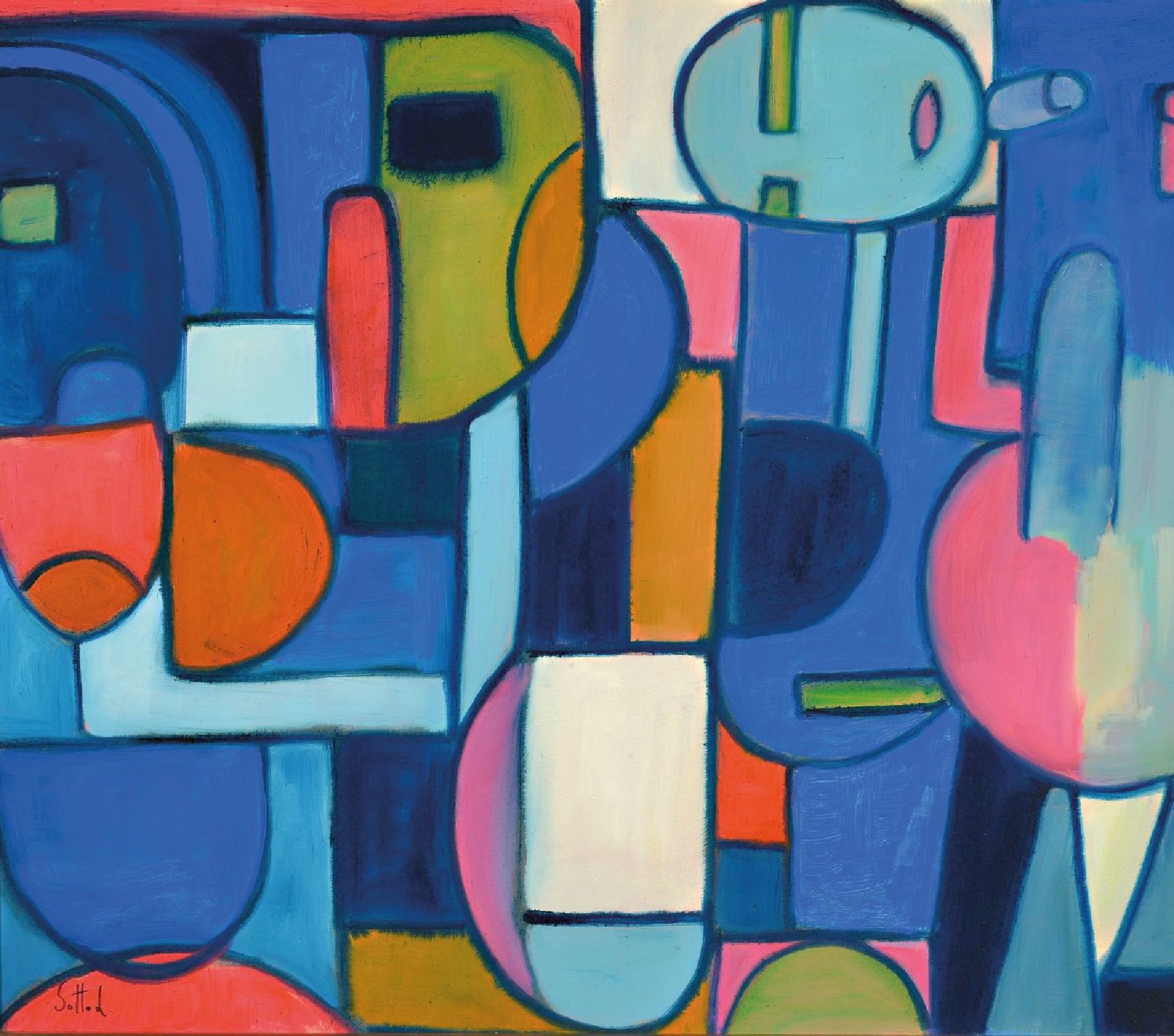 Lucien Sotto, zeitgenössischer italienischer Künstler, abstrakte Komposition, Öl/Holz, links unten signiert, ca. 70x80cm