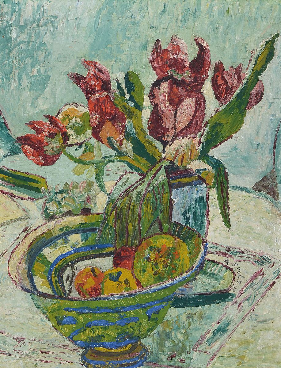 A. Stolz, datiert 36, Blumenstillleben, Tulpen in Vase und Obstschale, Öl/Holzplatte, rechts unten sign. bez. 36, ca. 39.5x32 cm, Rahmen ca. 57x46 cm
