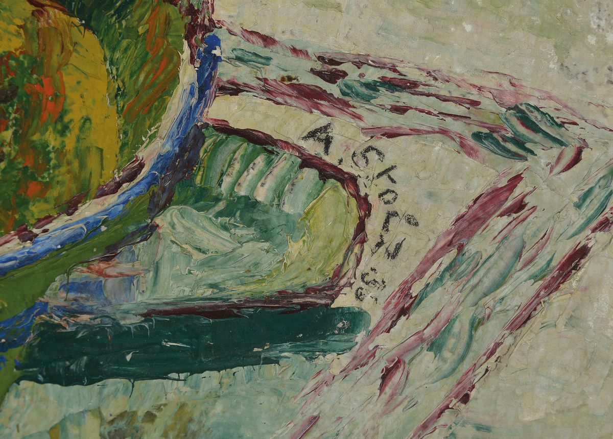 Detail c: A. Stolz, datiert 36, Blumenstillleben, Tulpen in Vase und Obstschale, Öl/Holzplatte, rechts unten sign. bez. 36, ca. 39.5x32 cm, Rahmen ca. 57x46 cm