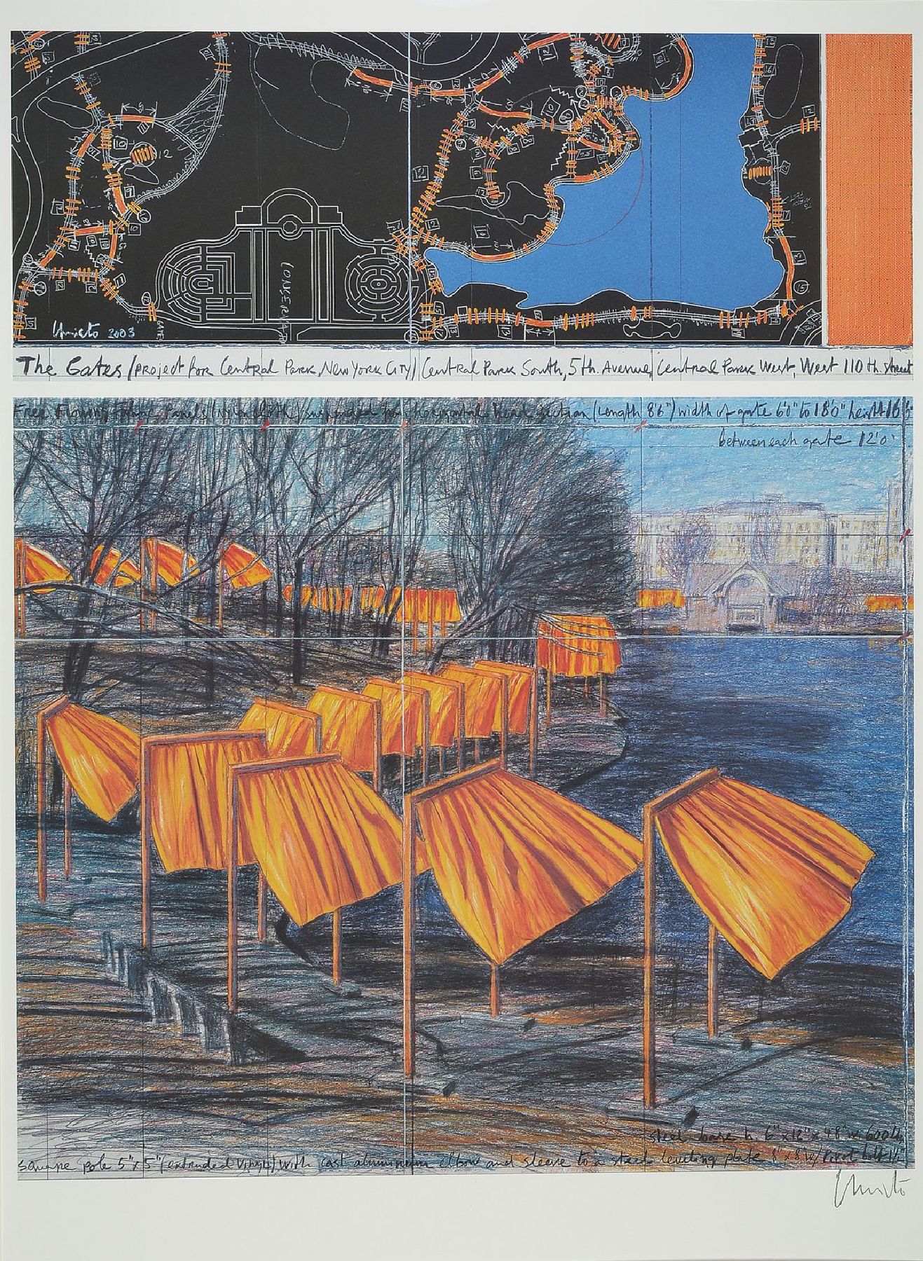 Christo, geb. 1935, The Gates Central Park New York, Farboffset von 2004, handsigniert, ca. 80x64cm, Pp, u.Gl., R. 114x82cm, Auflage 1000 Stück