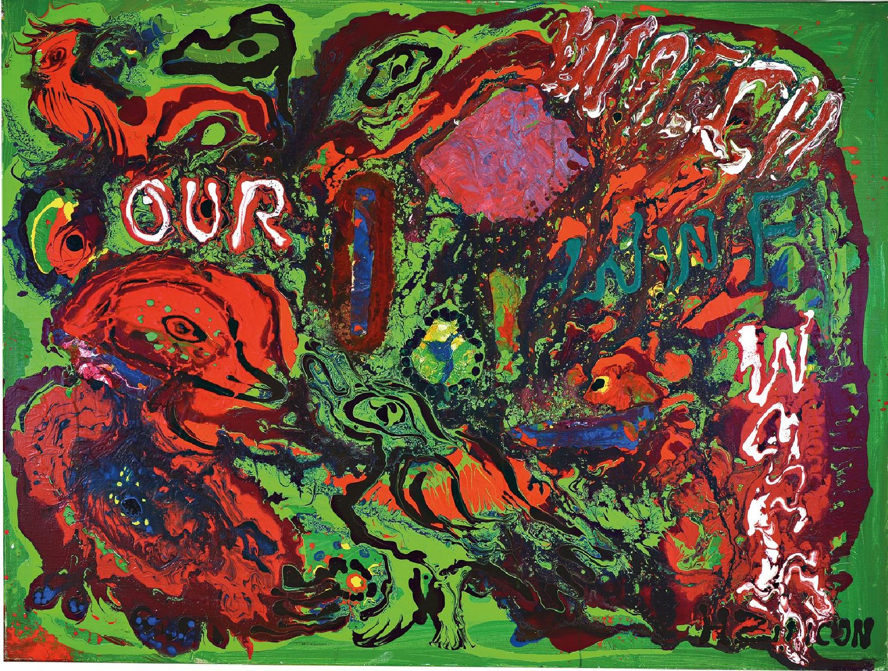 Zimcon, geb. 1938 Hannover, Meisterschüler von A.R. Penck, Acryl/Lwd, Watch our World, signiert, um 1993/94 entstanden, partiell sehr pastoser ...