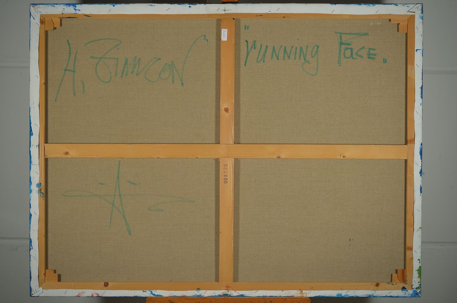 Detail a: Zimcon, geb. 1938 Hannover, Meisterschüler von A.R. Penck, "running face", Acryl und silbrige Folie auf Leinwand, signiert und bezeichnet, ...