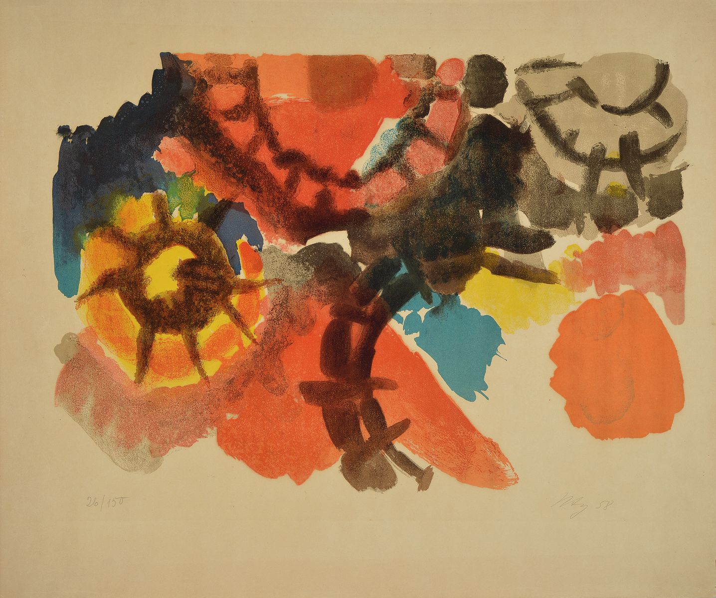 Ernst Wilhelm Nay, 1902 Berlin - 1968 Köln, Farblithographie, signiert und num. 26/150, dat.58, leicht gebräunt, leichte Altersspuren,52.8 x 62 cm