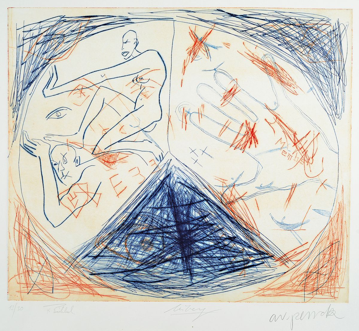 A.R. Penck, 1939 Dresden - 2017 Zürich, "Member", in Zusammenarbeit mit Helge Leiberg, Frank Breidenbruch, Radierung, handsigniert, alle ...