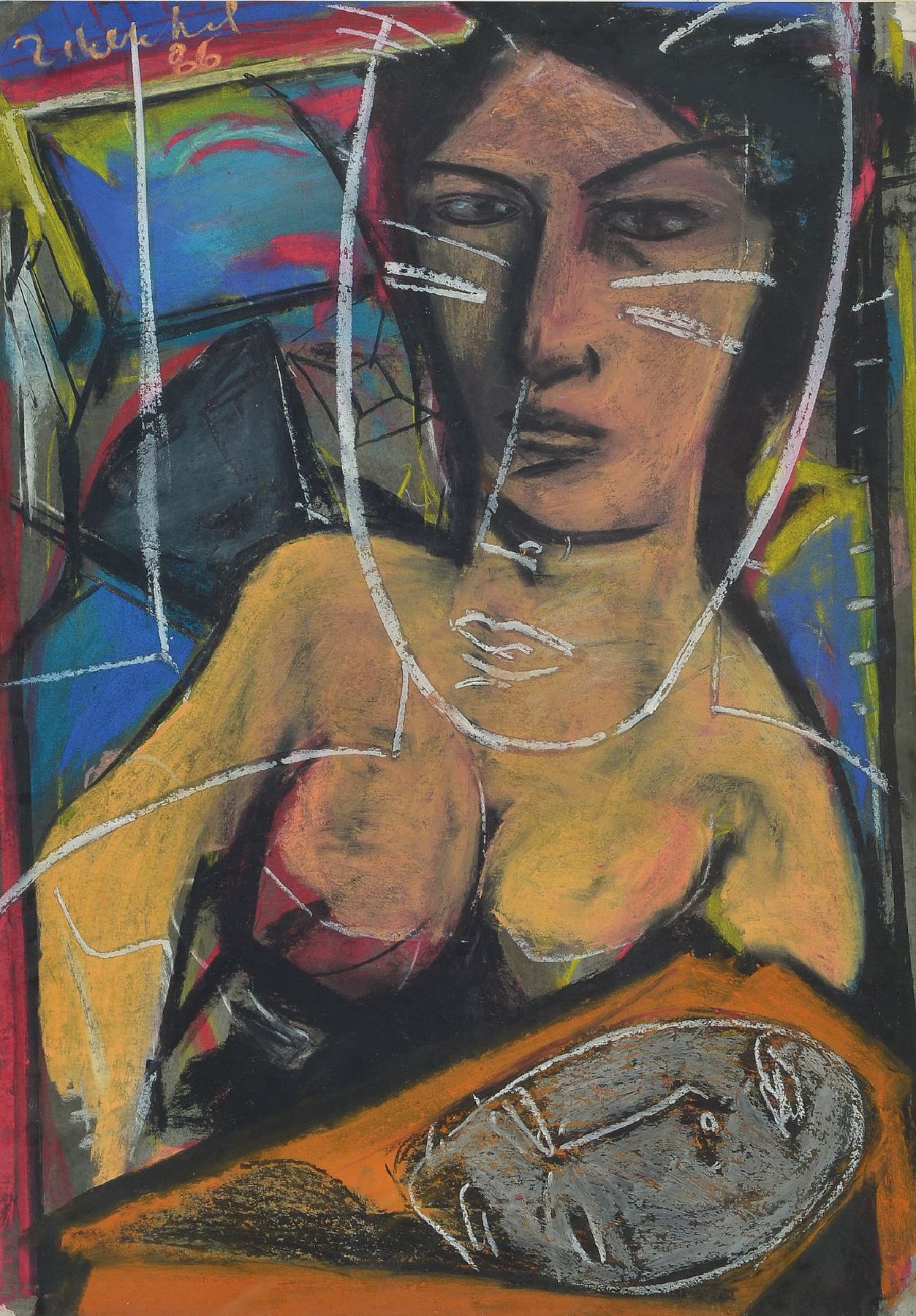 Stephan Balkenhol, geb. 1957, Pastell auf Papier, Frau mit Maske, li. o. signiert und dat. 86, 60.5 x 42.5 cm, unter Glas, Rahmen ca. 75.5 x 58 cm, ...
