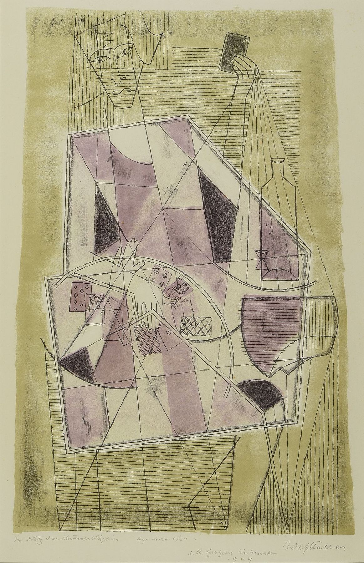 Rolf Müller-Landau, 1903-1956, Im Netz der Kartenschlägerin, orig. Litho 6/30, mit Widmung Weihnachten 1949, handsigniert, unter Glas, Rahmen, PP., ...