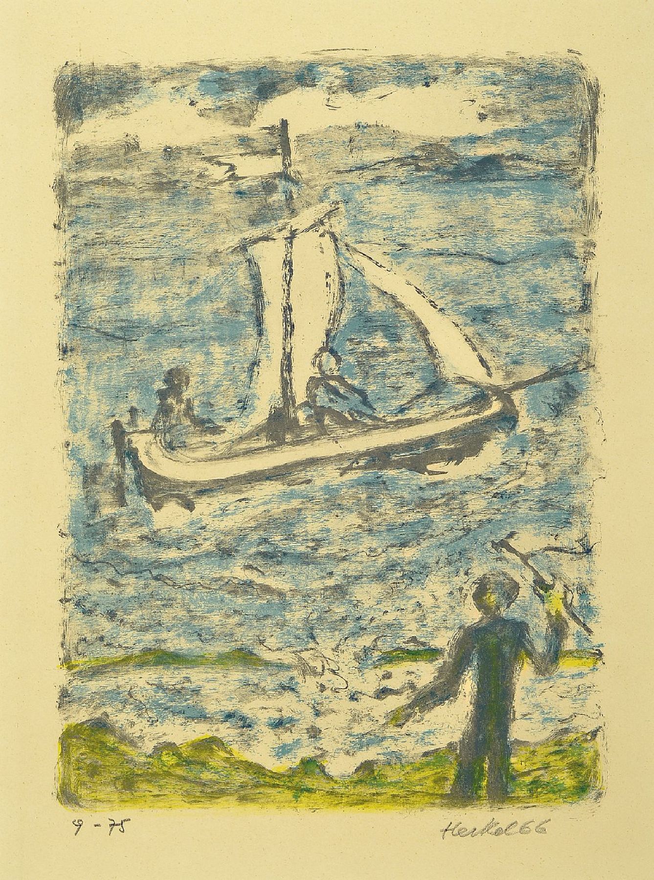 Erich Heckel, 1883 Döbeln - 1970 Radolfzell, Segelschiff, Lithographie, Auflage 9/75, gedruckt von und für E. Mathieu Zürich, handsigniert und ...