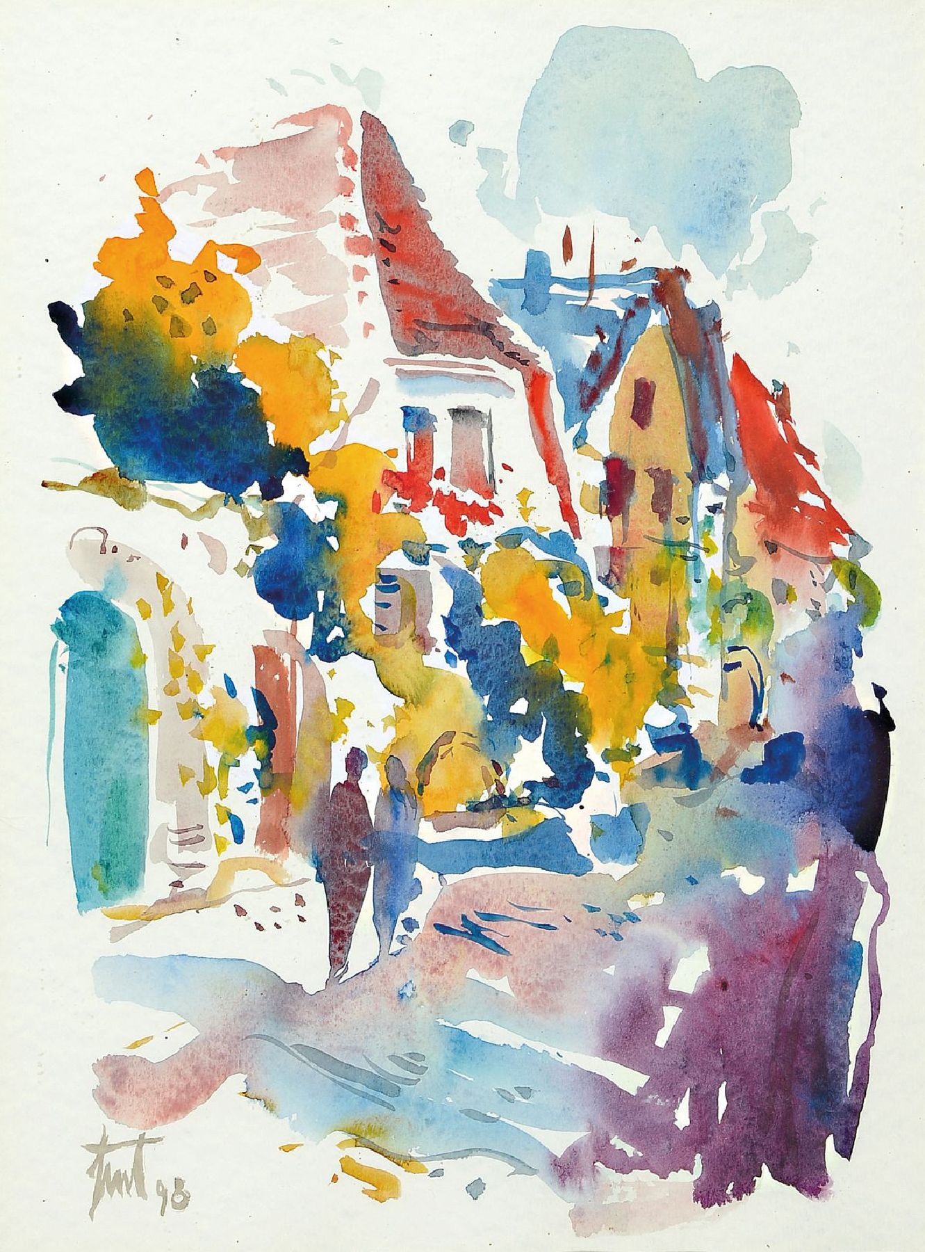 Georg Günther Zeuner, 1923 Dresden - 2011 Dresden, Aquarell, Pfälzer Dorf mit Personen, signiert und dat. 98, unter Glas, Rahmen, PP, 39 x 28 cm/57 ...
