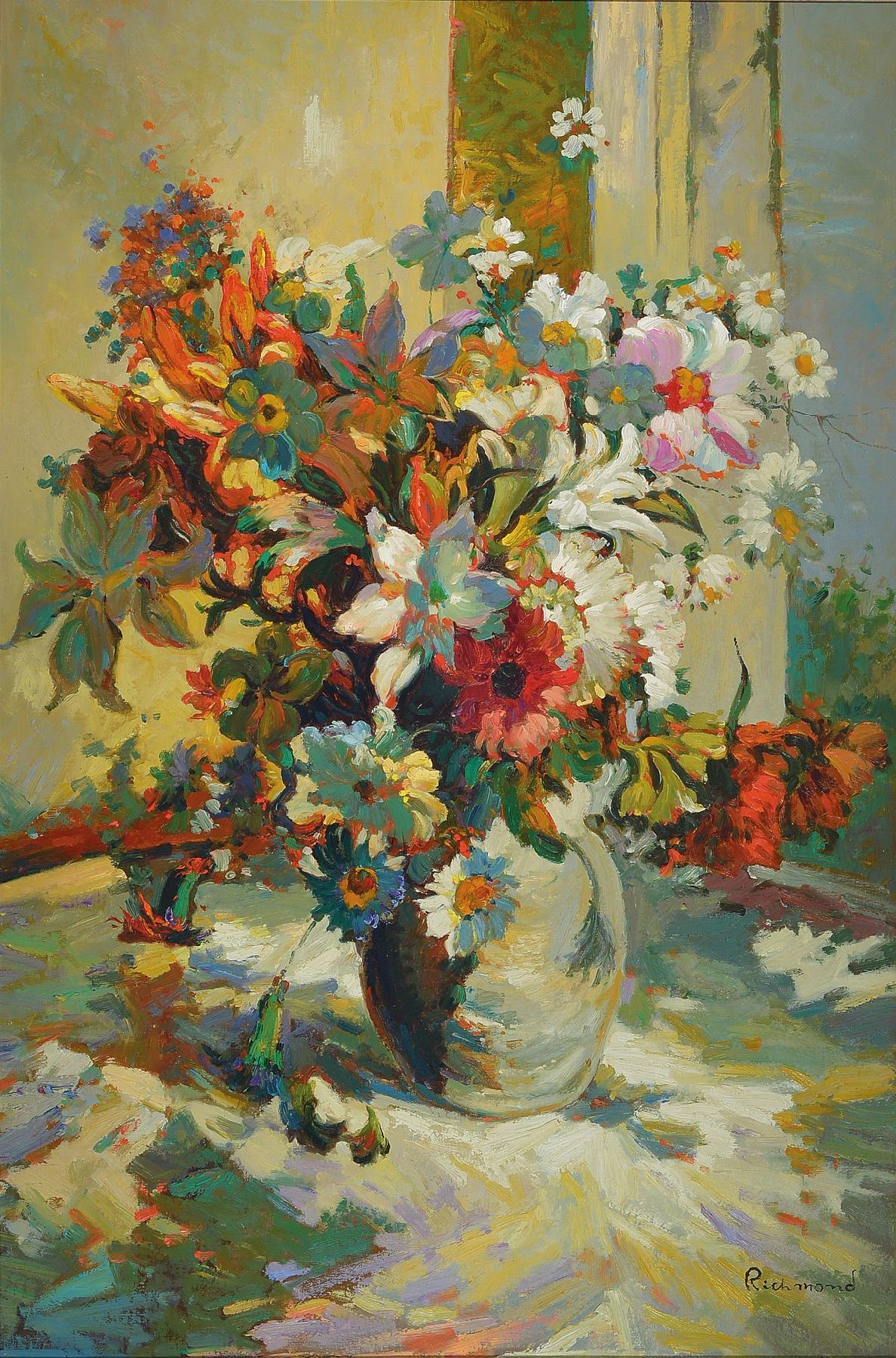 Zuschreibung: Leonard Richmond, 1889-1965, Stillleben mit buntem großem Frühlingsstrauss,expressionistische/impressionistische Sicht mit Betonung ...