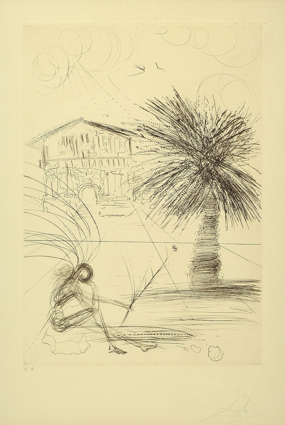 Salvador Dali, 1904-1989, Mission Dolores, Radierung aus der Folge: San Francisco, handsigniert, bez.: E.A., Plattengröße ca. 52x36.5cm, PP, u.Gl., ...