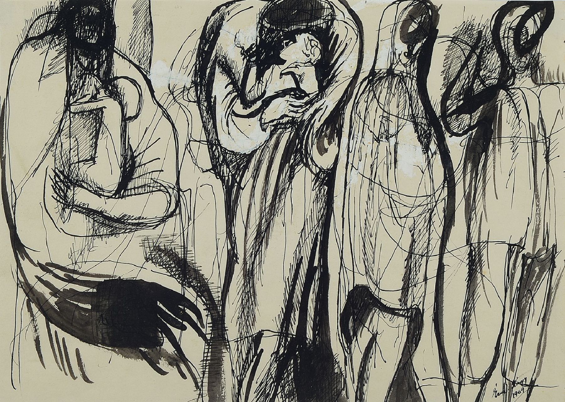 Eva Nagy, 1921-2003, Tusche aquarelliert, weiß gehöht, Mütter, sign., dat. 1969, PP, unter Glas, ca. 40x50 cm