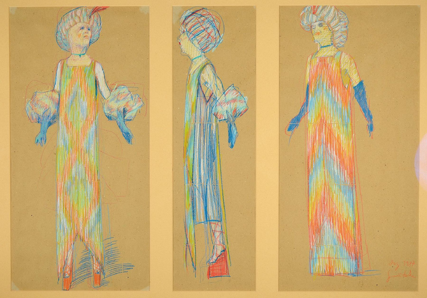 Johannes Grützke, 1937-2017, drei Pastelle auf Papier, Bühnenbildentwürfe für Peter Zadek, rechts unten signiert und dat. 1987, ca. 68x98cm, PP, ...