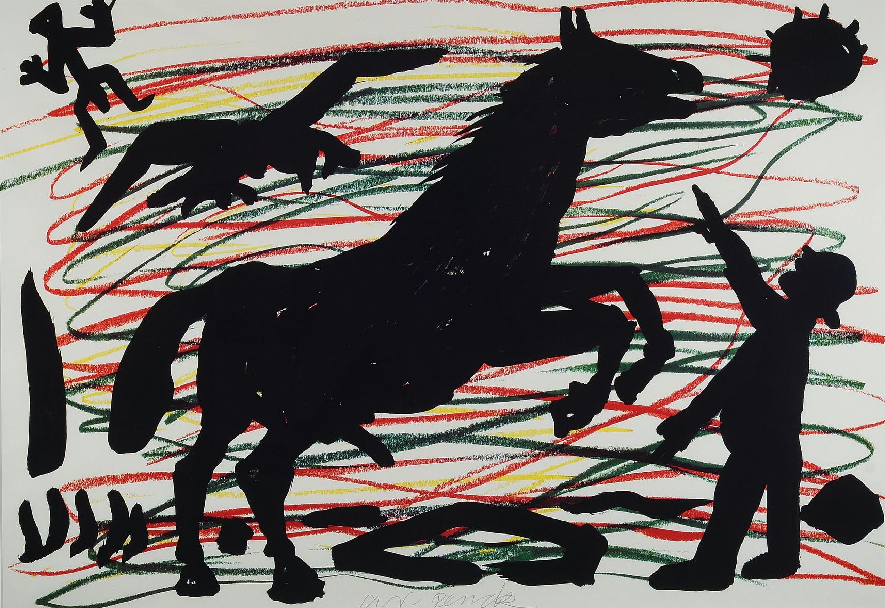 A.R. Penck, geb. 1939 Dresden - 2017 Zürich,Tanzendes Pferd, Offsetgrafik, handsigniert, ca. 58 x 83 cm, PP., unter Glas, Rahmen 77 x 101 cm