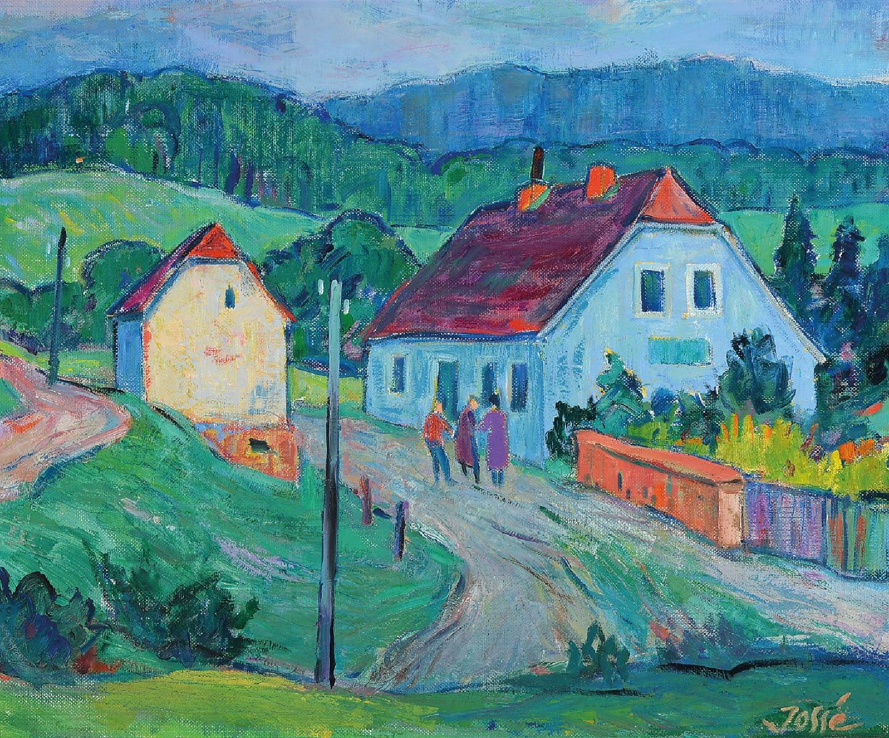 Friedrich Jossé, 1897 Wolfstein - 1994 Speyer, Pfälzer Dorfansicht mit Personen, Öl/ Hartfaserplatte, signiert, bez. "Haus im Karlstal", ...