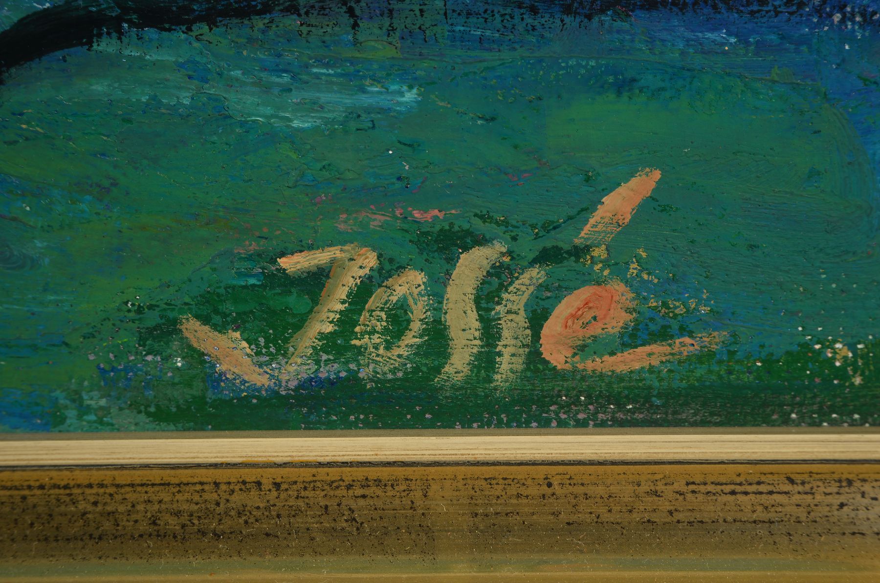 Detail b: Friedrich Jossé, 1897 Wolfstein - 1994 Speyer, Pfälzer Dorfansicht mit Personen, Öl/ Hartfaserplatte, signiert, bez. "Haus im Karlstal", ...